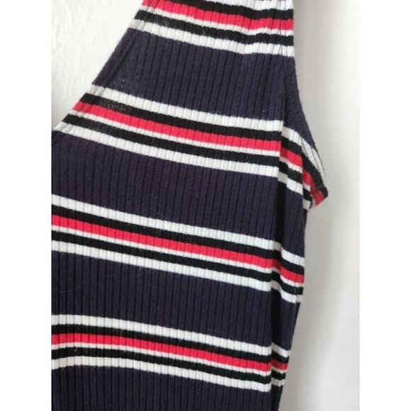90s vibe Express blue red white‎ striped ribbed tight deep V tank top XXS - Picture 2 of 3